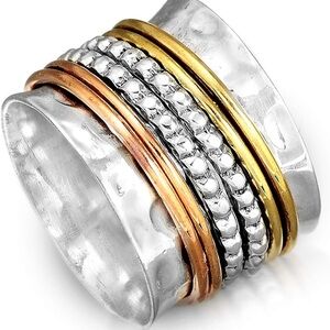 🆕 Boho wide 10 ring 925 sterling silver stamped spinner hammered mixed metal NEW